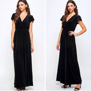 Baltic Born Athena Elegant Pleated Velvet Black Maxi Dress Size S